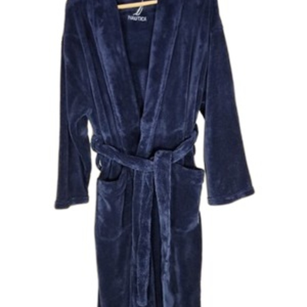 Nautica One Size Navy Plush Shawl Collar Robe Belt Two Front Pockets 260